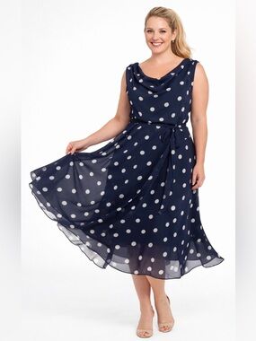 Navy Blue Polka Dot Chiffon Dress Cowl Neck Fit & Flare Midi Retro Preppy 12